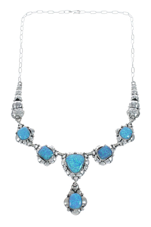 Genuine Sterling Silver Blue Opal Navajo Link Necklace And Earrings Set NN20318